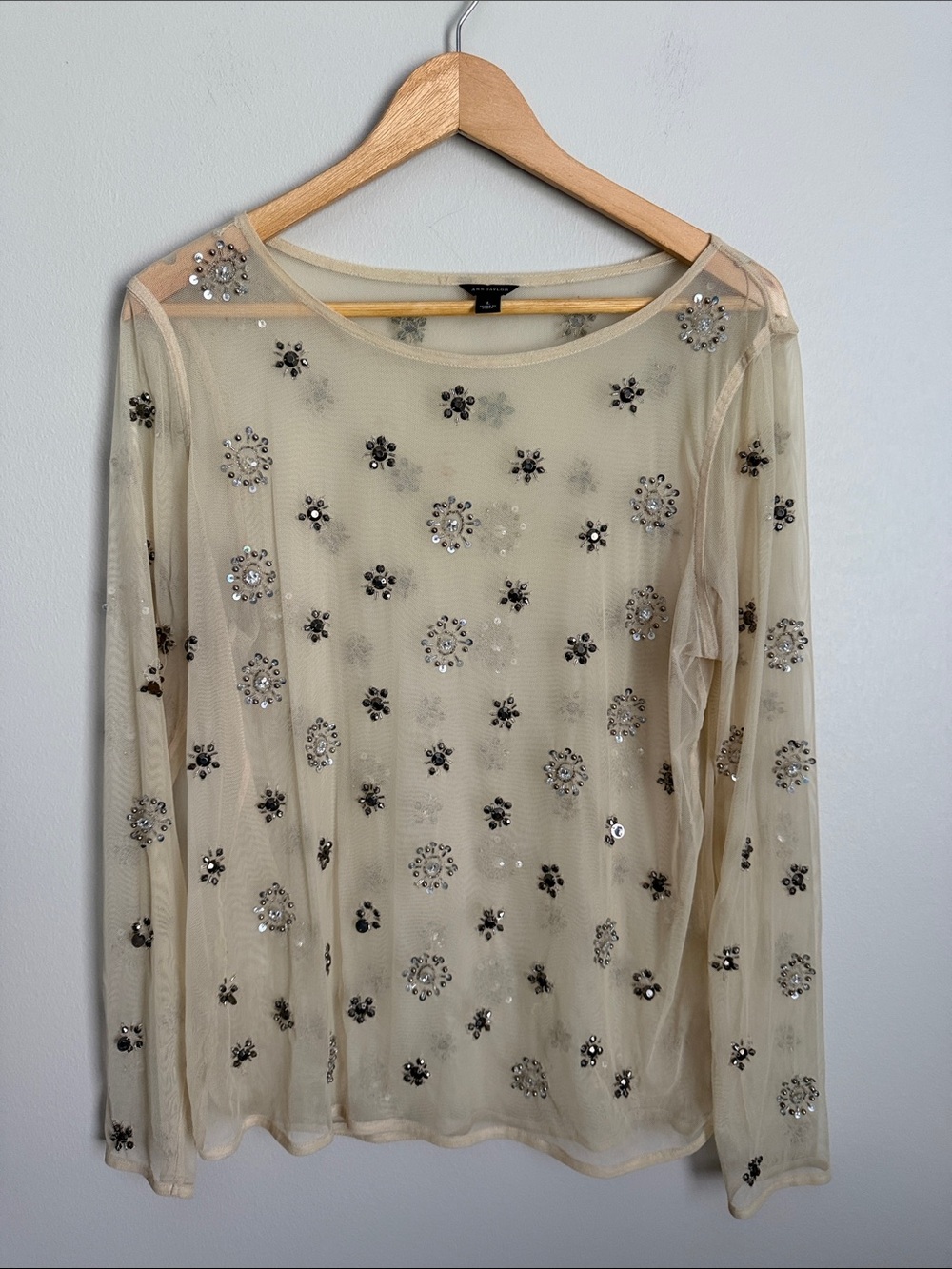 Ann Taylor Cream Sheer Long-Sleeve Embellished Top
